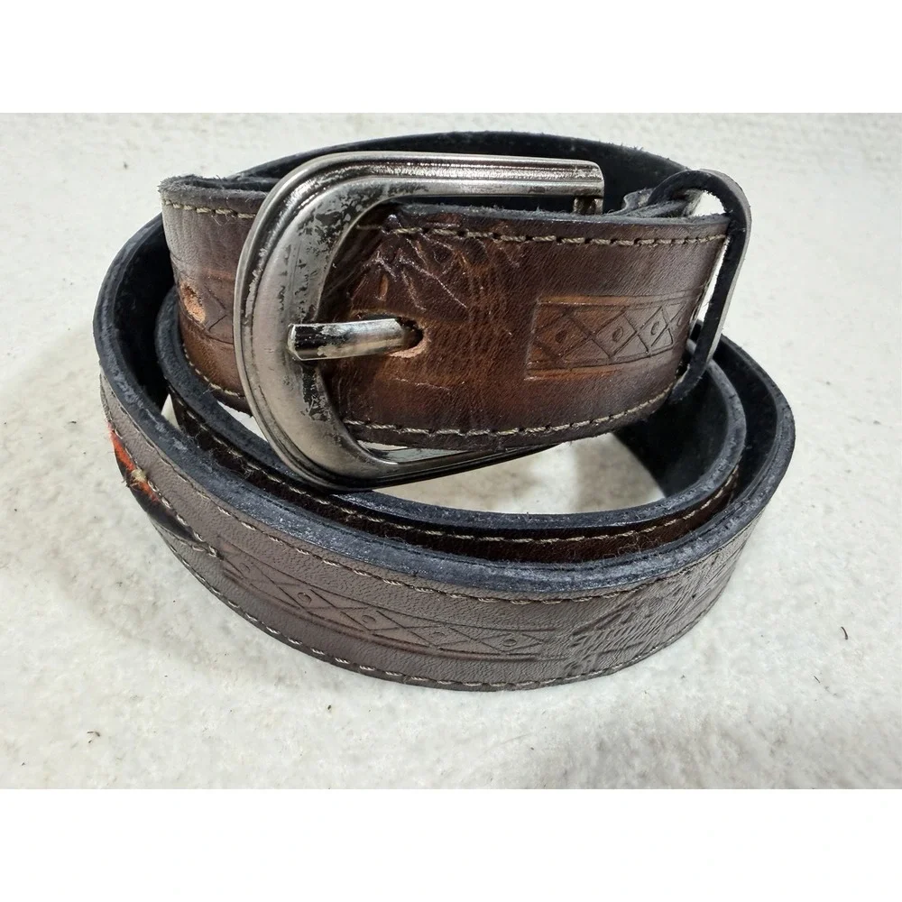 Vintage Leather Belt Western Tooled Brown Wool Inlay Boho Rustic 36